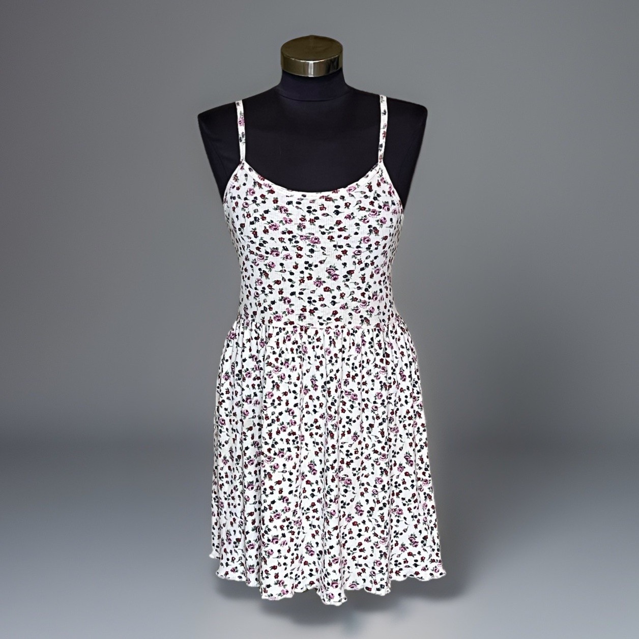 Vintage 90s Ditzy Floral Print Ribbed Sundress Mini Dress Cottagecore Grunge M