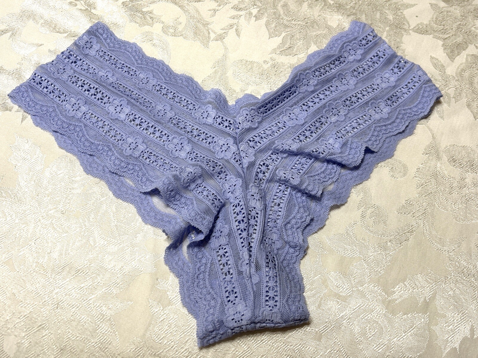 Vtg Unbranded Embroidered Floral Stretch Lace Sz 9 Blue Hipster Panties #244
