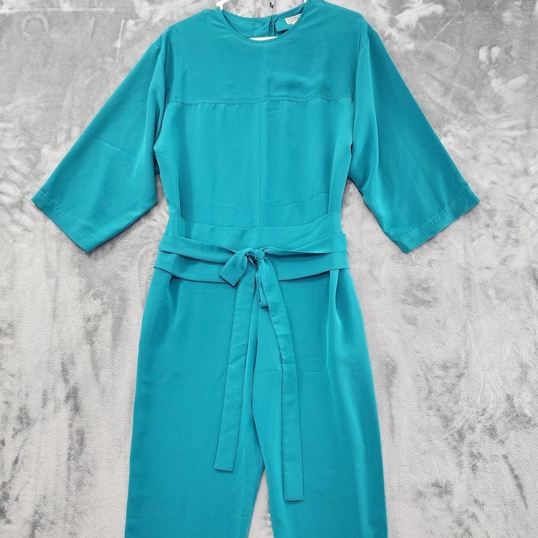 Vintage Frances Henaghan Jumpsuit Womens 8 Teal Blue Silky Tie Belt Long Sleeve