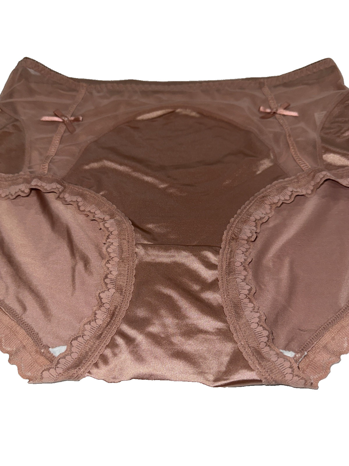 ~Shiny Large Rose Champaign Nylon Lace Blended Panties W/Bows Cotton Gusset New