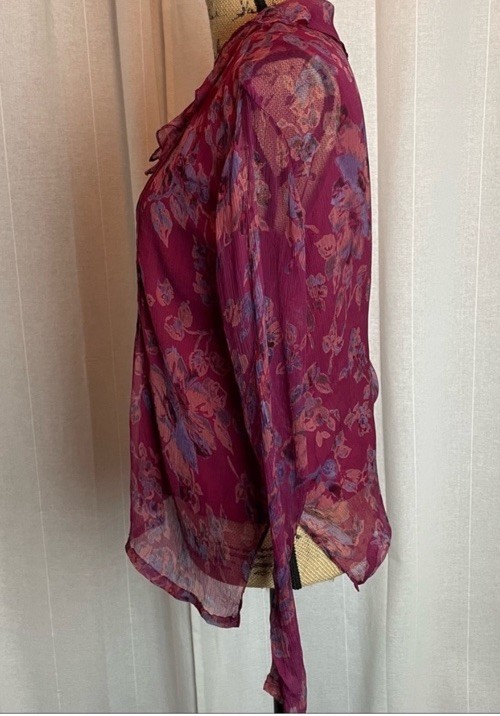 Vintage April Cornell Two Piece Blouse With Lining Maroon Floral Ruffle Sz S