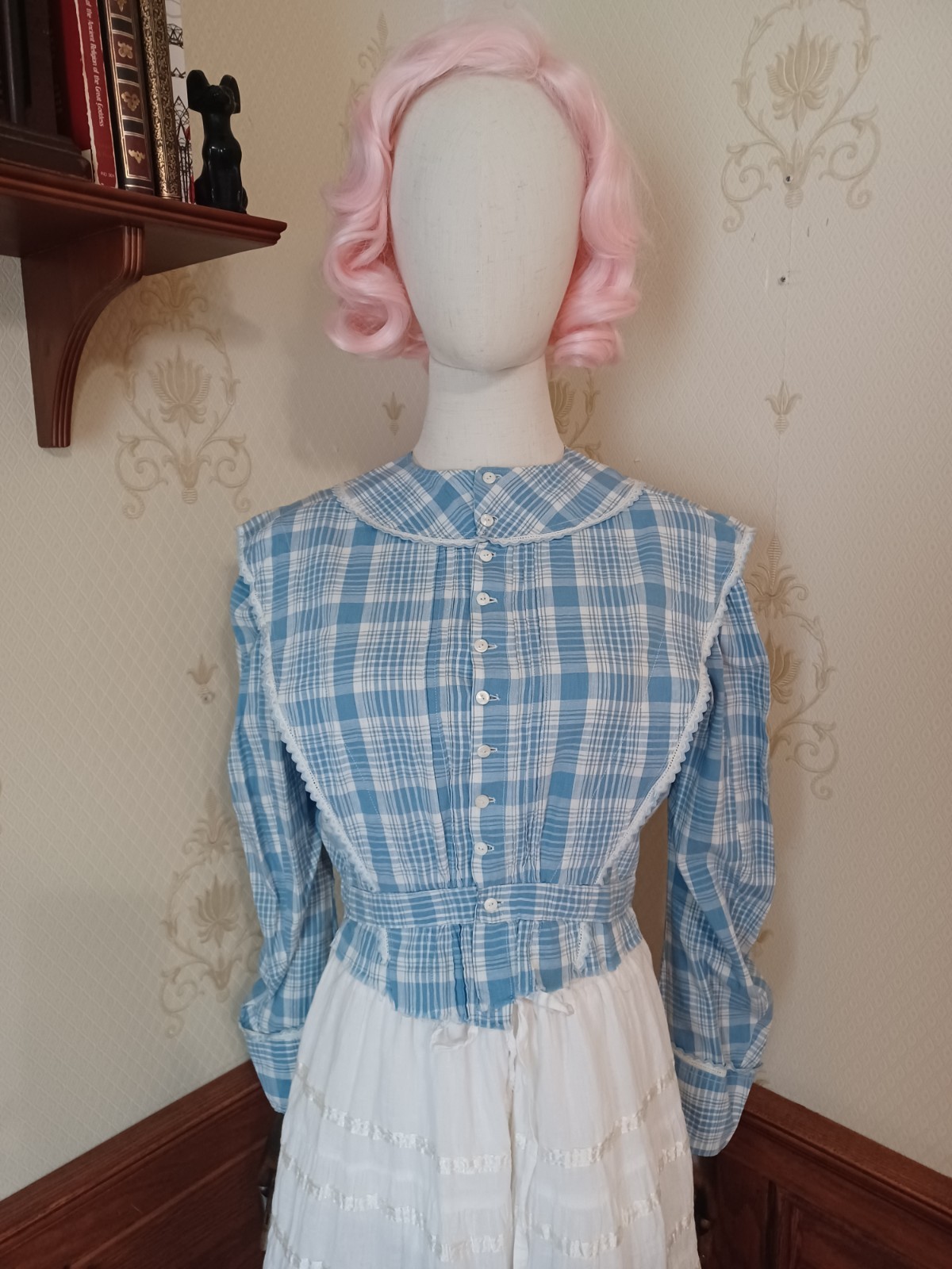 Antique Edwardian 1910s-20s Blue Puff Sleeve Doll Collar Cottagecore Blouse