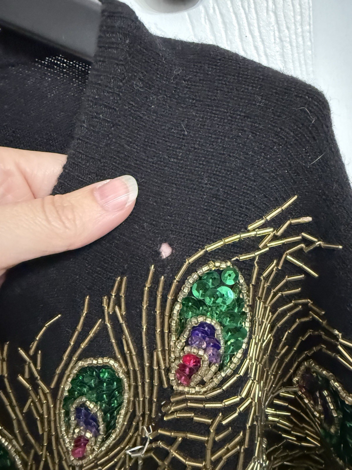 Vintage Angora Lambswool Peacock Beaded Sweater Black Sequin Hong Kong S