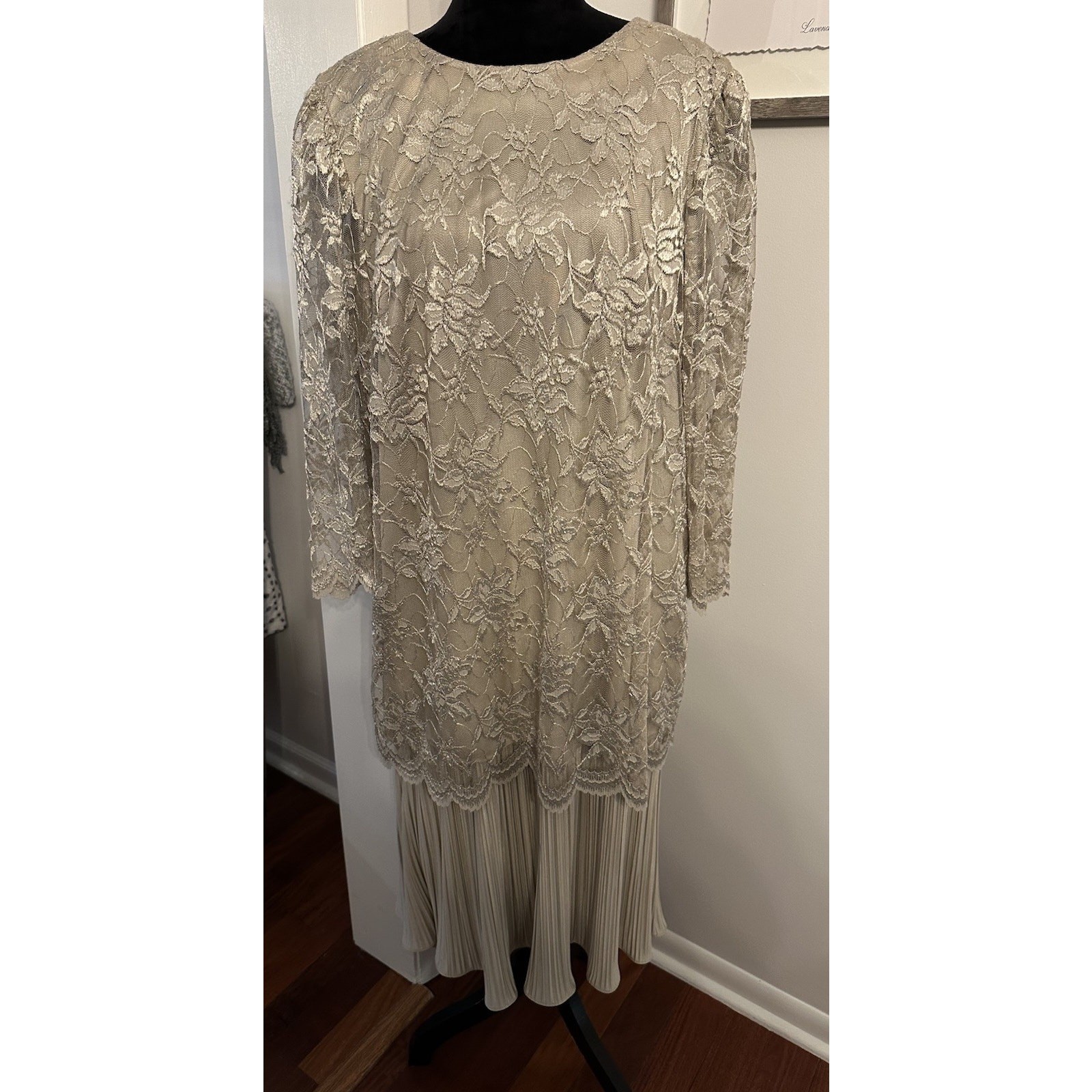 Vintage Mother of the Bride Dress Beige Lace Top/Pleated Skirt Plus 18W 1980&rsquo;s