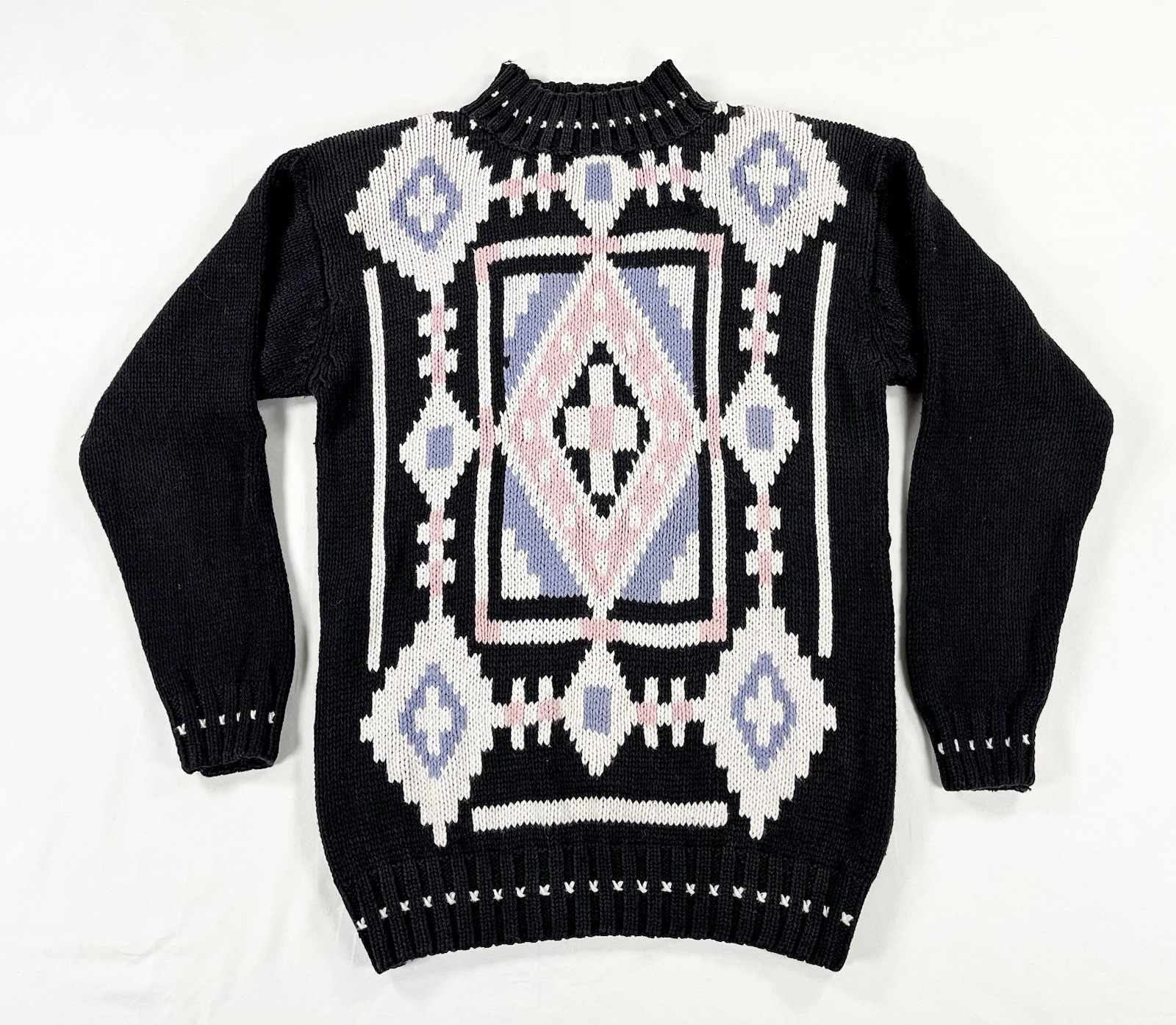 Vintage Zero Sport Womens S Geometric Knit Sweater Black Pink Mock Neck Pullover