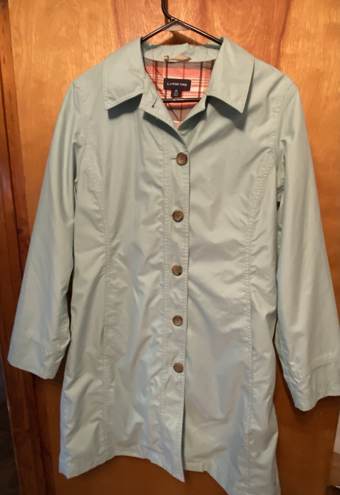 VTG Lands End Mint Green Lightweight Trench Coat Lined Button Up Women’s Medium