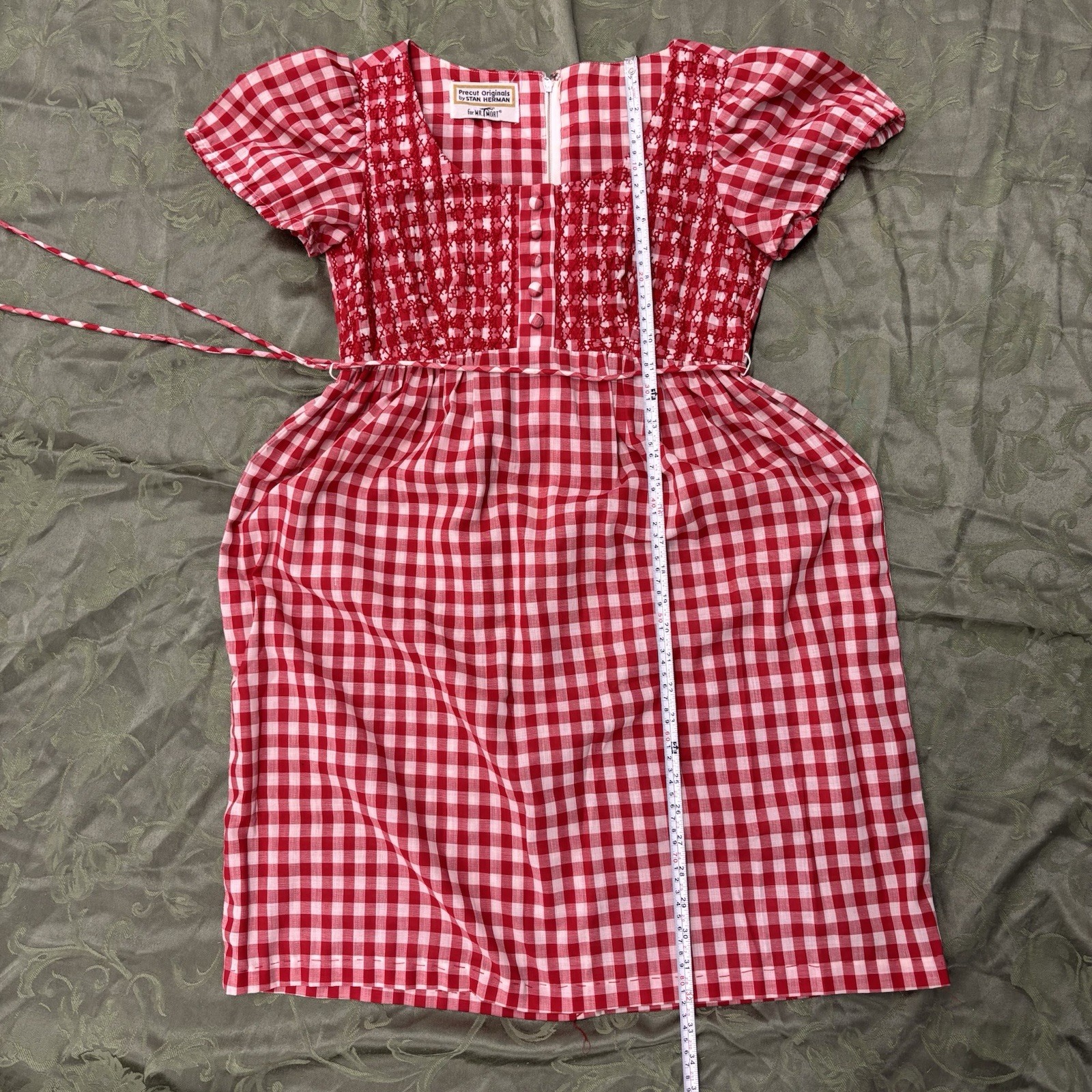 Vtg 60s Mr Mort Stan Herman Precut Originals Gingham Smocked Mini Dress Red XS S