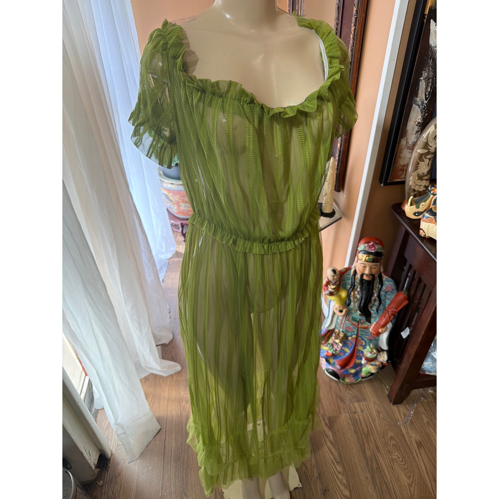 Vintage Sheer Olive Green Mesh Maxi Dress Ruffle Trim Pleated Cover Up Gown
