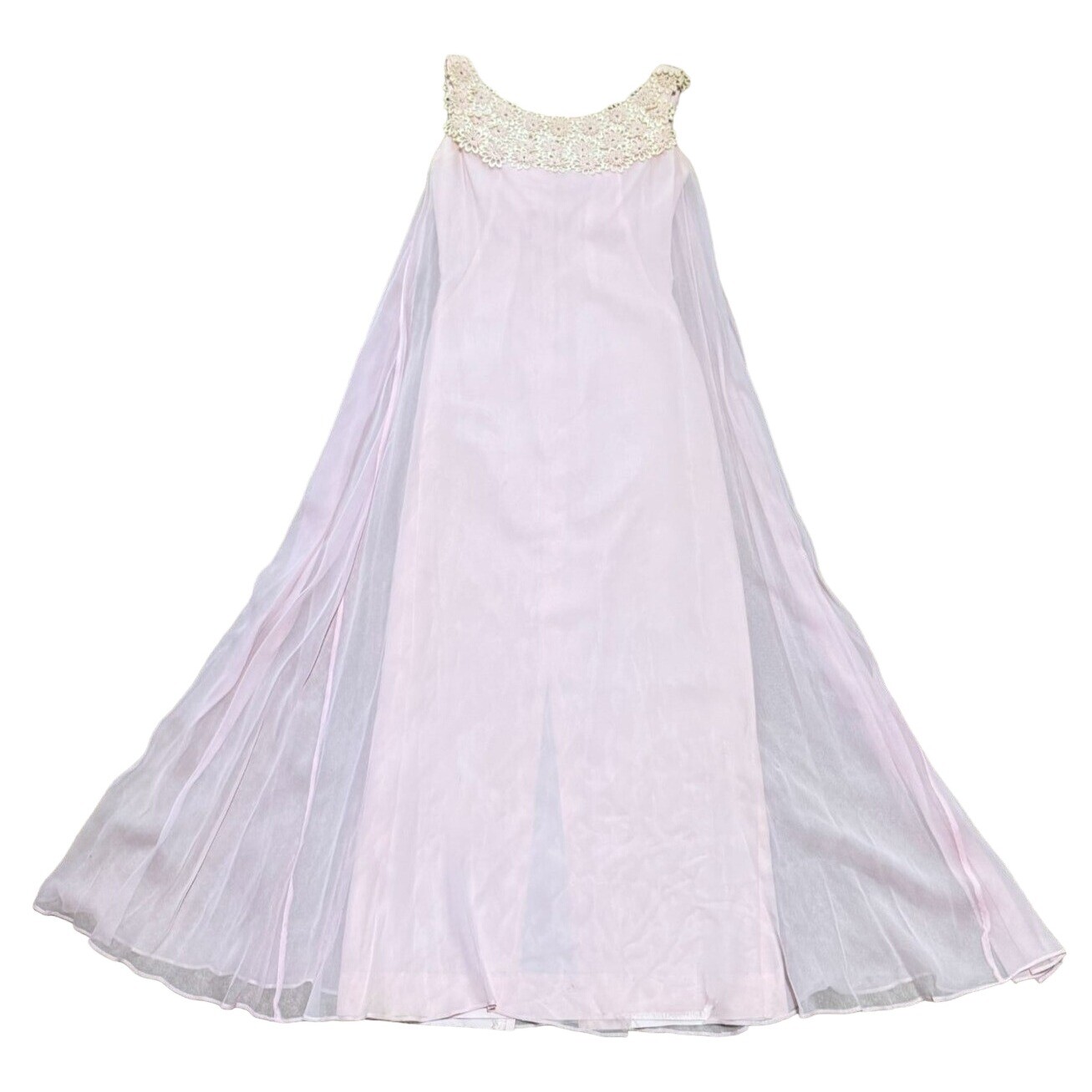 Vtg Nadine 1950s Pink Chiffon Taffeta Maxi Dress Sz S Embroidered Daisies Womens