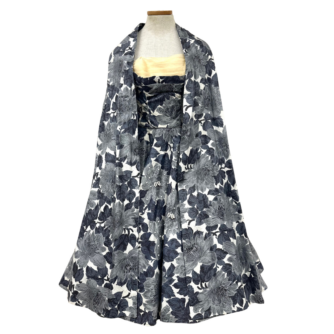 Vintage 1950s Fred Perlberg Grey Floral Beaded Rhinestoned Dress & Shawl