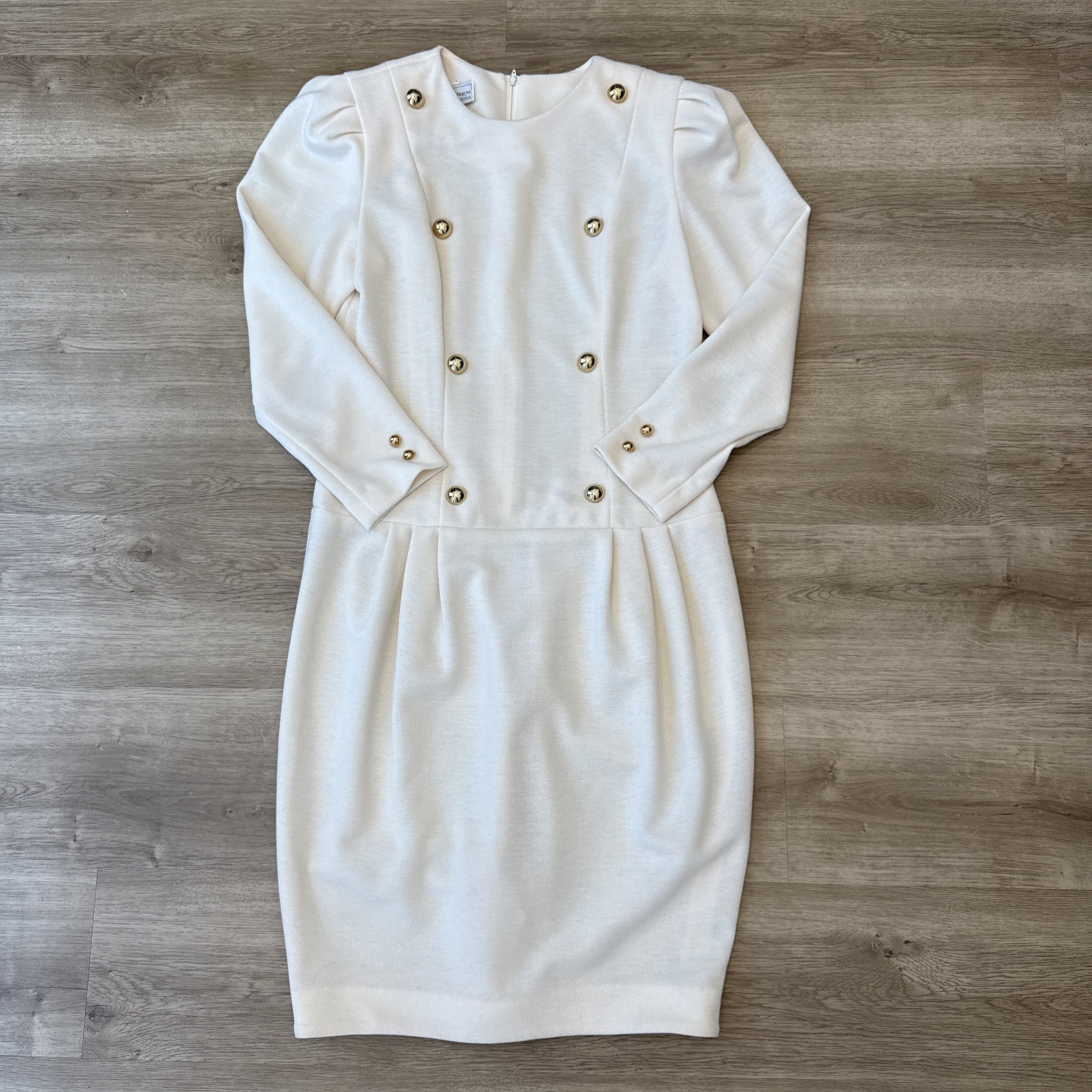 Warren Petites Women Vintage Drop Waist Dress Cream Gold Buttons USA 10 ILGWU