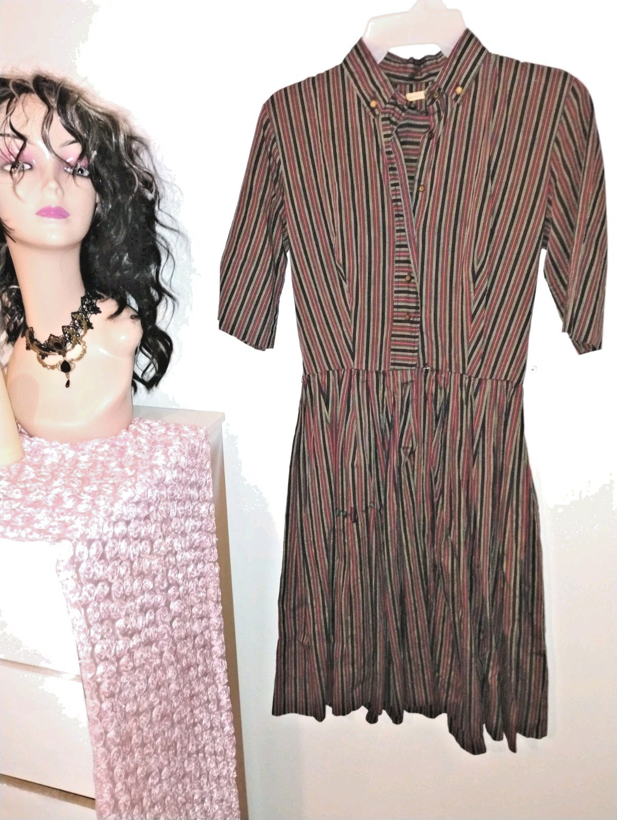 Vtg. Stripe Pleated Dress Metal Buttons See Measurements For Repair Photo Prop