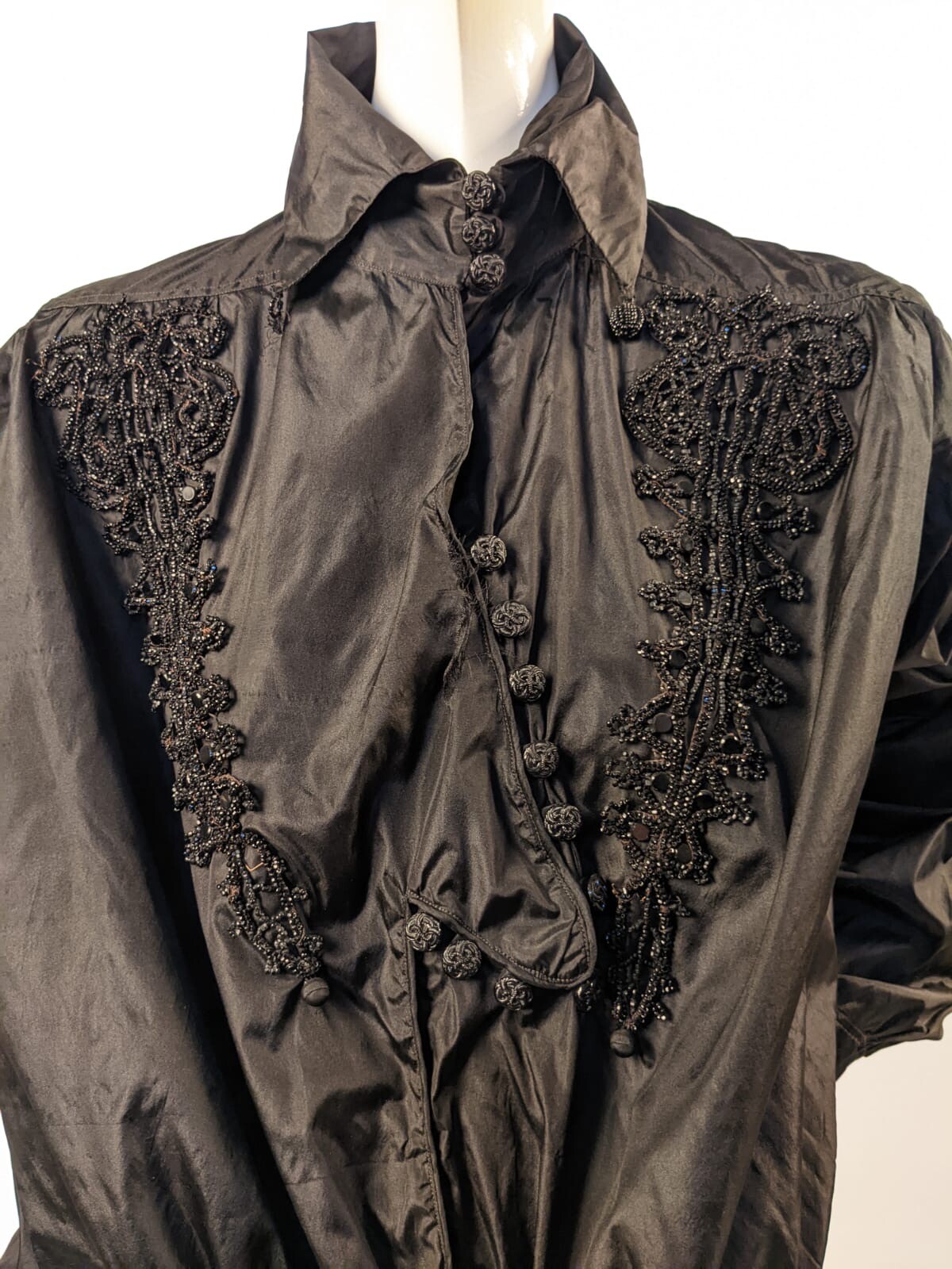 EXQUISITE GOTHIC EDWARDIAN SILK TAFFETA BLOUSE W RICH JET BEADING