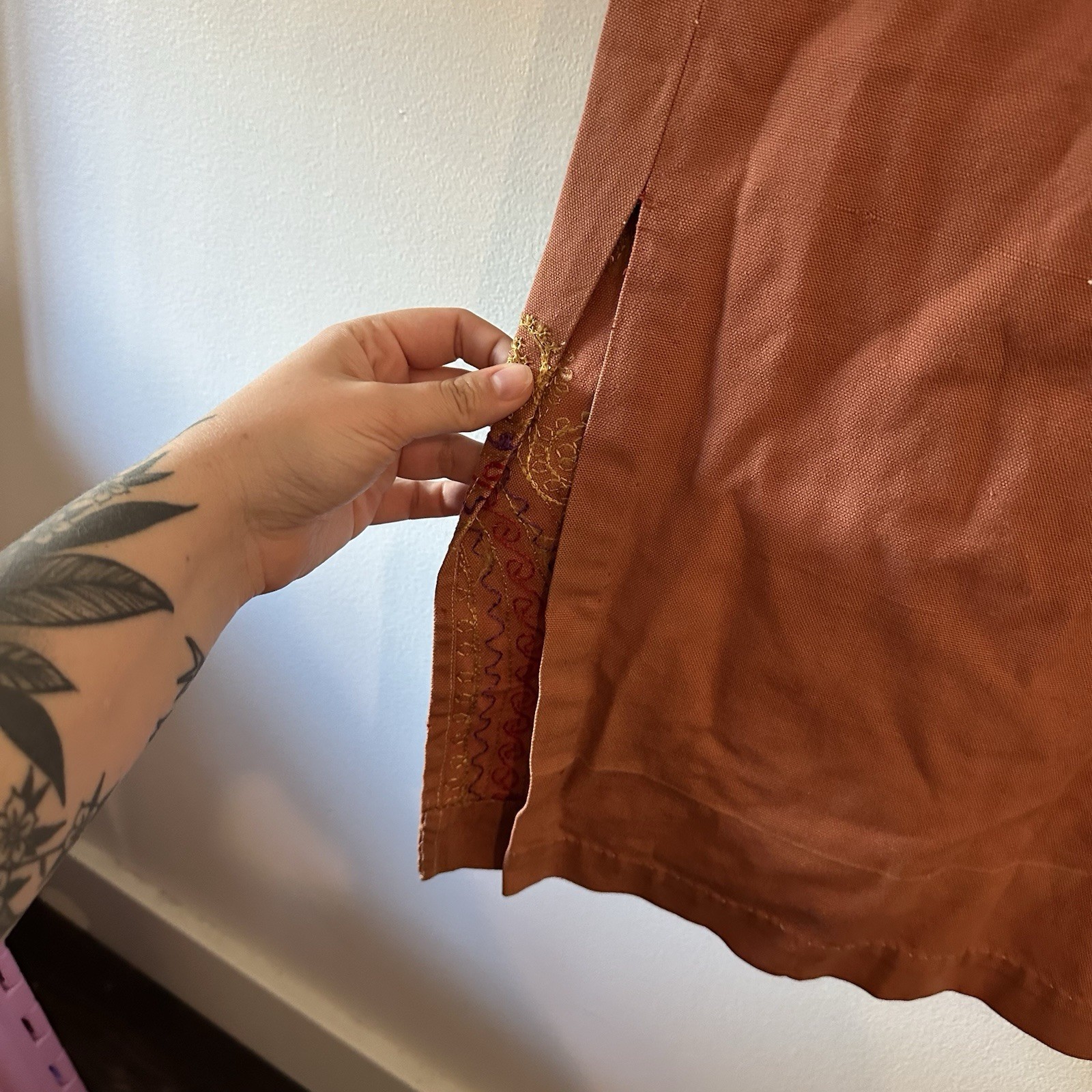 Vintage Handmade 60s 70s Embroidered Cotton Canvas Orange Kaftan Tunic Dress S?