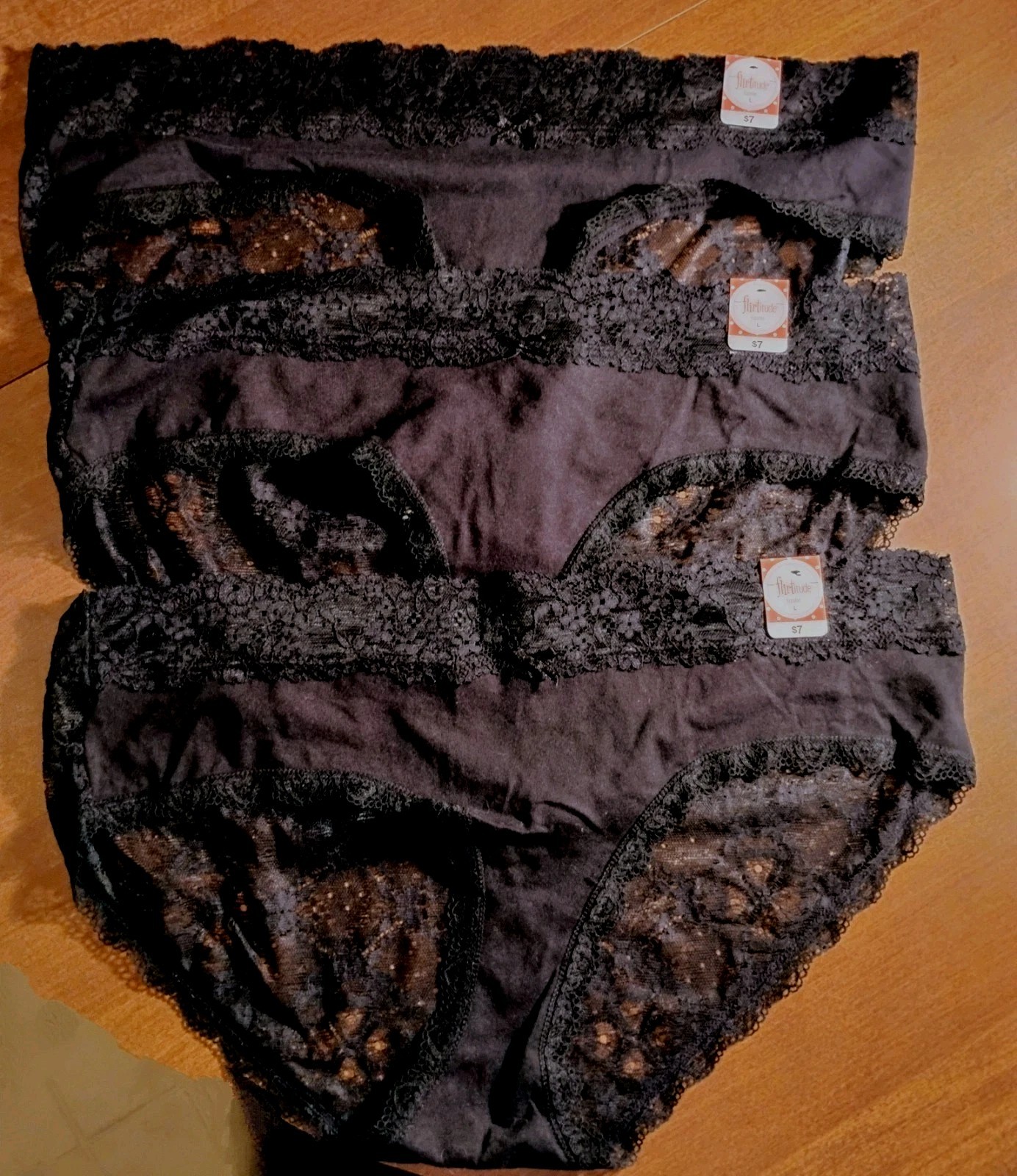 3 Pairs Flirtitude Vintage Black Lace(Back+Trim) Panties Hipster Sexy L 7 NWT