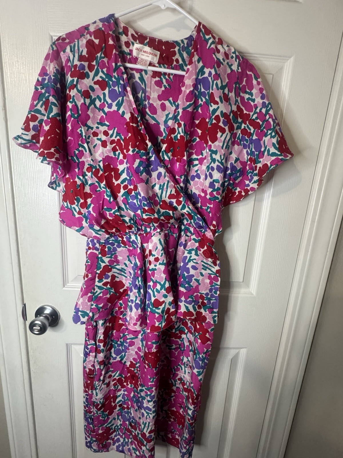 Vintage Jack Mulqueen Silk Dress Floral Wrap Peplum 80s 90s Cottagecore 10