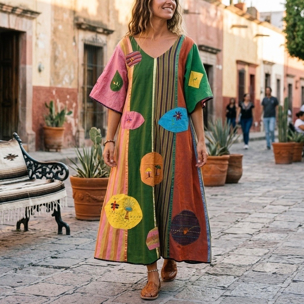 Vintage Handmade Patchwork Maxi Dress Embroidered Art to Wear Multicolor Kaftan