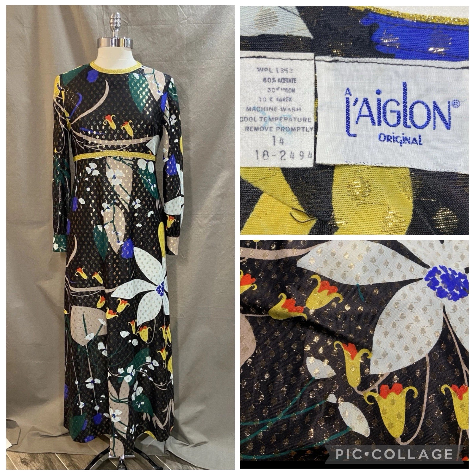 Vintage Late 60s Early 70s Floral Metallic Sheer Maxi Dress Size 6-8