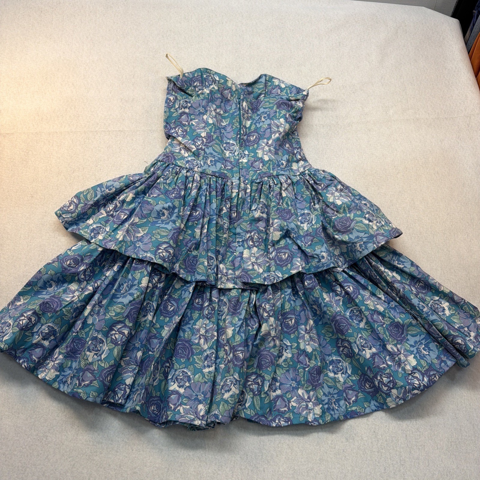 Vtg Laura Ashley Dress Medium Strapless Ruffle Tiers 90s Floral Blue Cottagecore