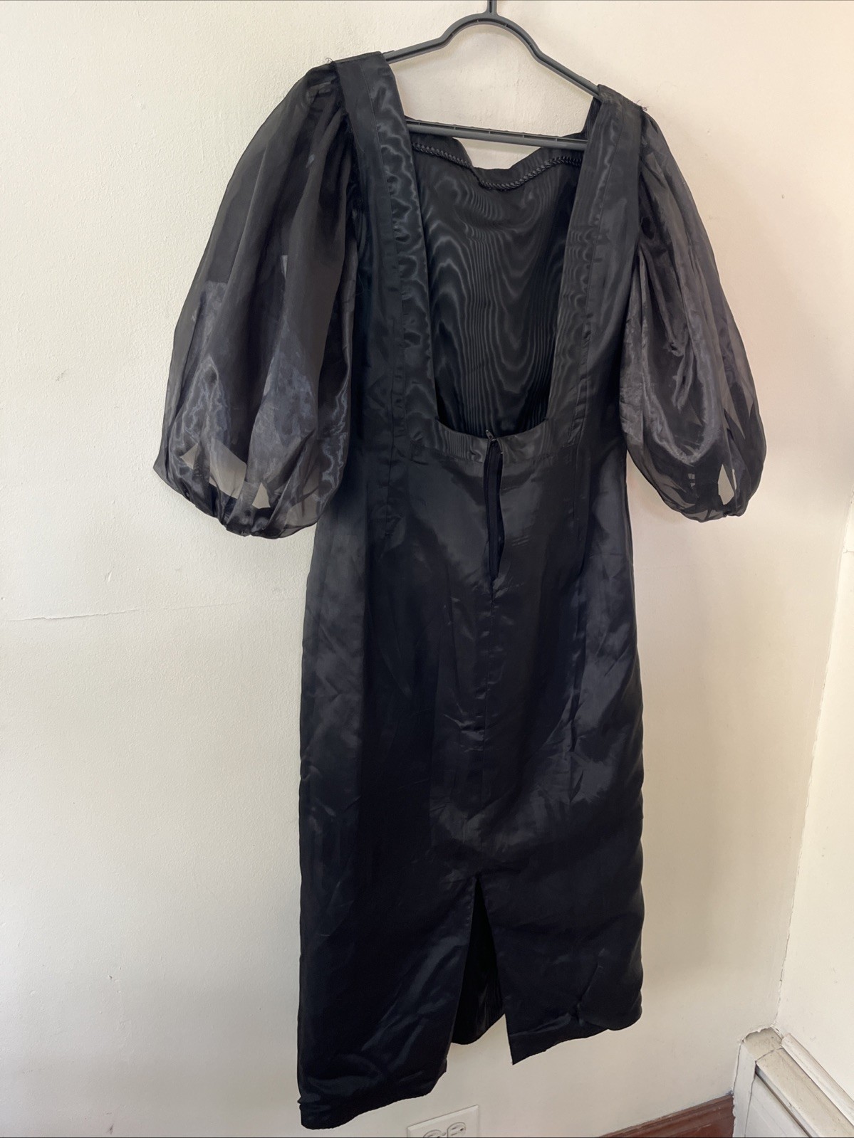 Vintage 1980s L Square Neck Low Back Large Puff Sleeves Taffeta Midi Dress