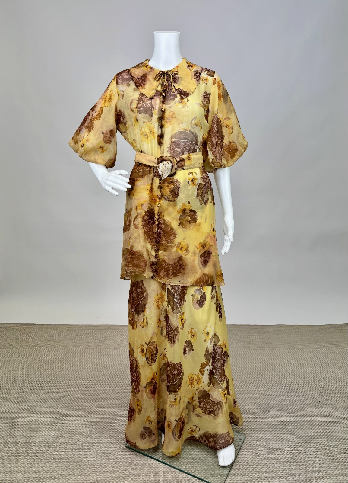 Antique 1930s Full Length Dress Yellow Brown Watercolor Floral Chiffon Collared