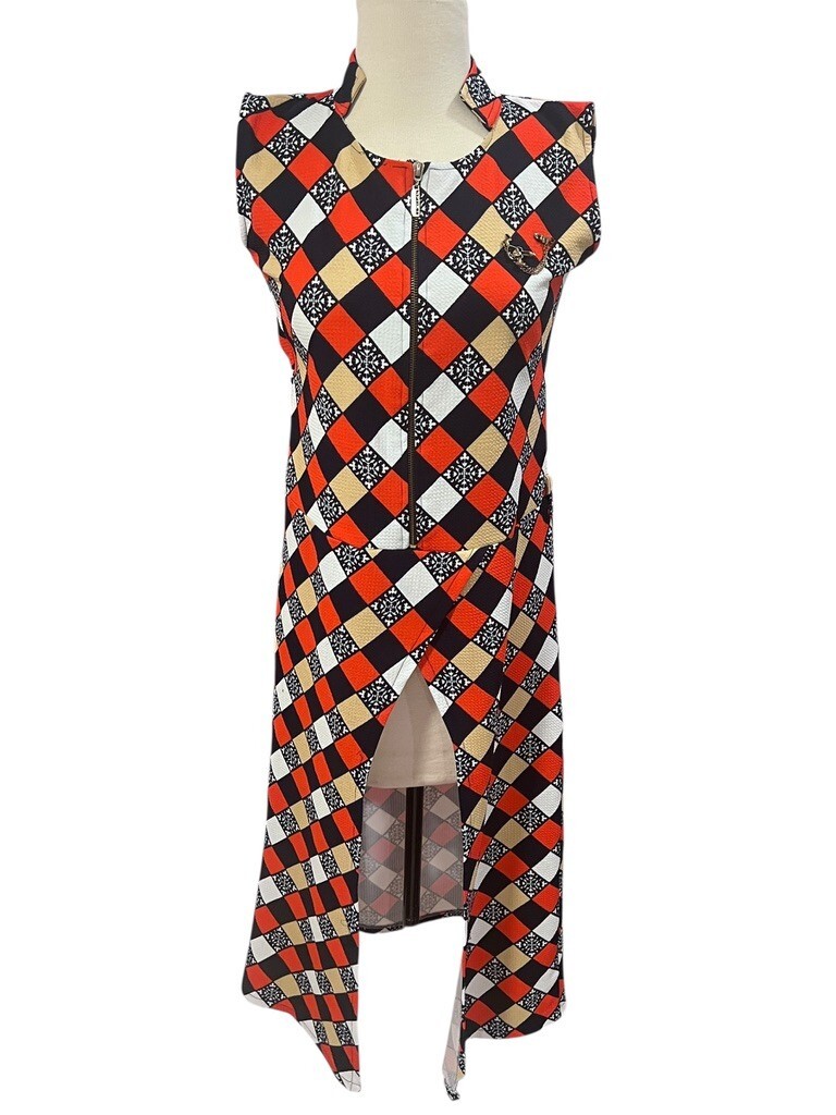 Vtg 70s Blue Orange White Motif Diamond Print Sleeveless Maxi Dress Groovy Cat