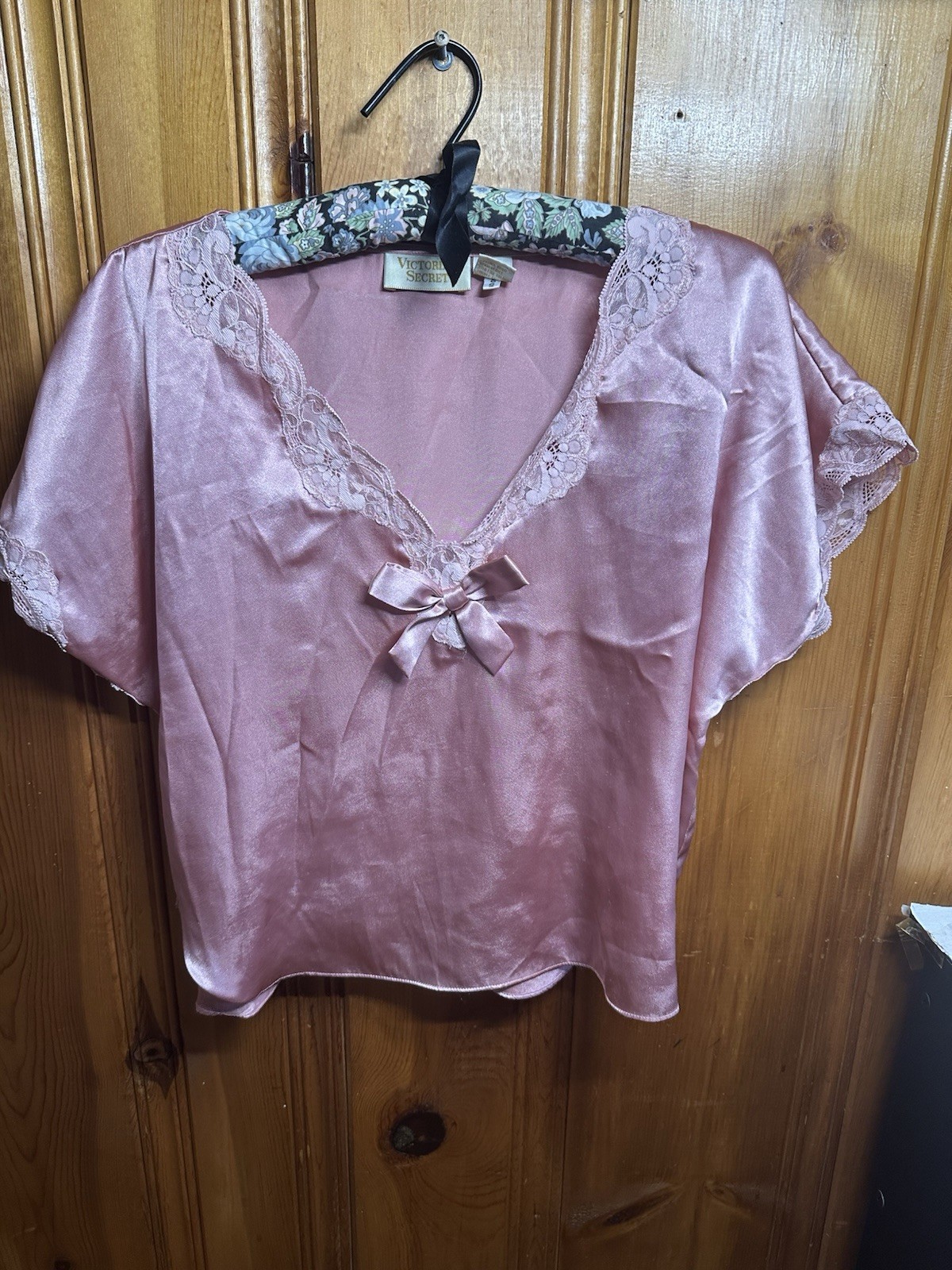 Victoria&rsquo;s Secret Pink Satin Lace Trim Short Sleeve Sleep Top, Size S