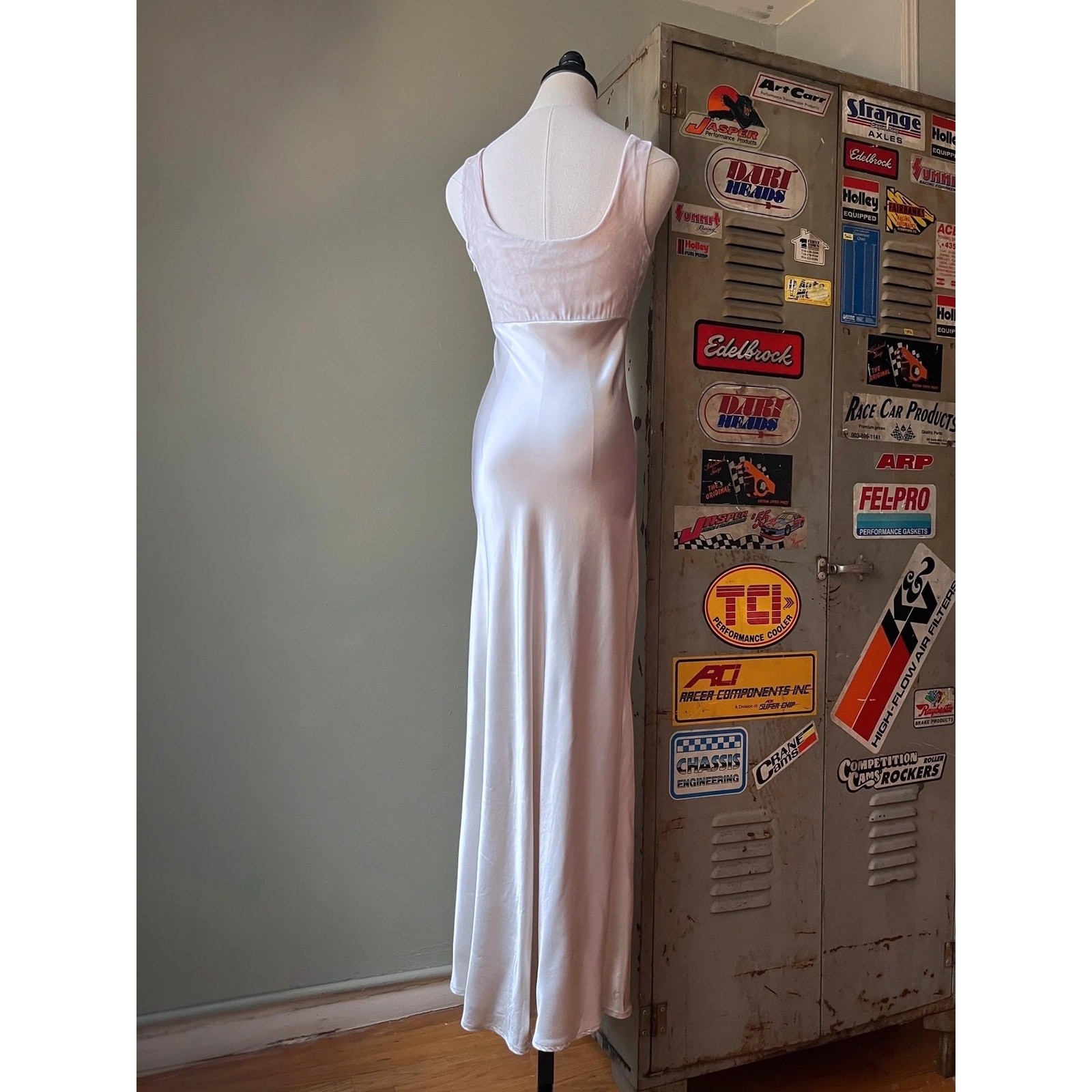 Vintage 90s Champagne Satin Slip Dress | Velvet Bust | Bridalcore gown | XS