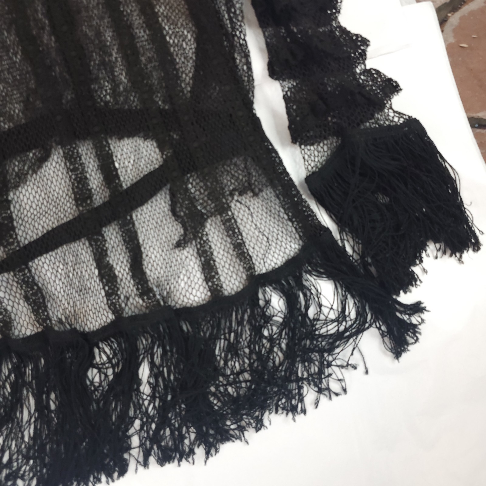 Black Crochet Lace Blouse Fringe Tassels Antique Victorian Edwardian Top Shirt