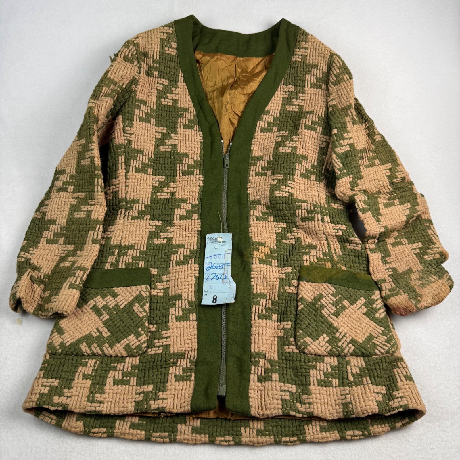 Vintage 60s ILGWU Union Made Jacket Filene&rsquo;s USA Tapestry Green Tan Zip Womens S