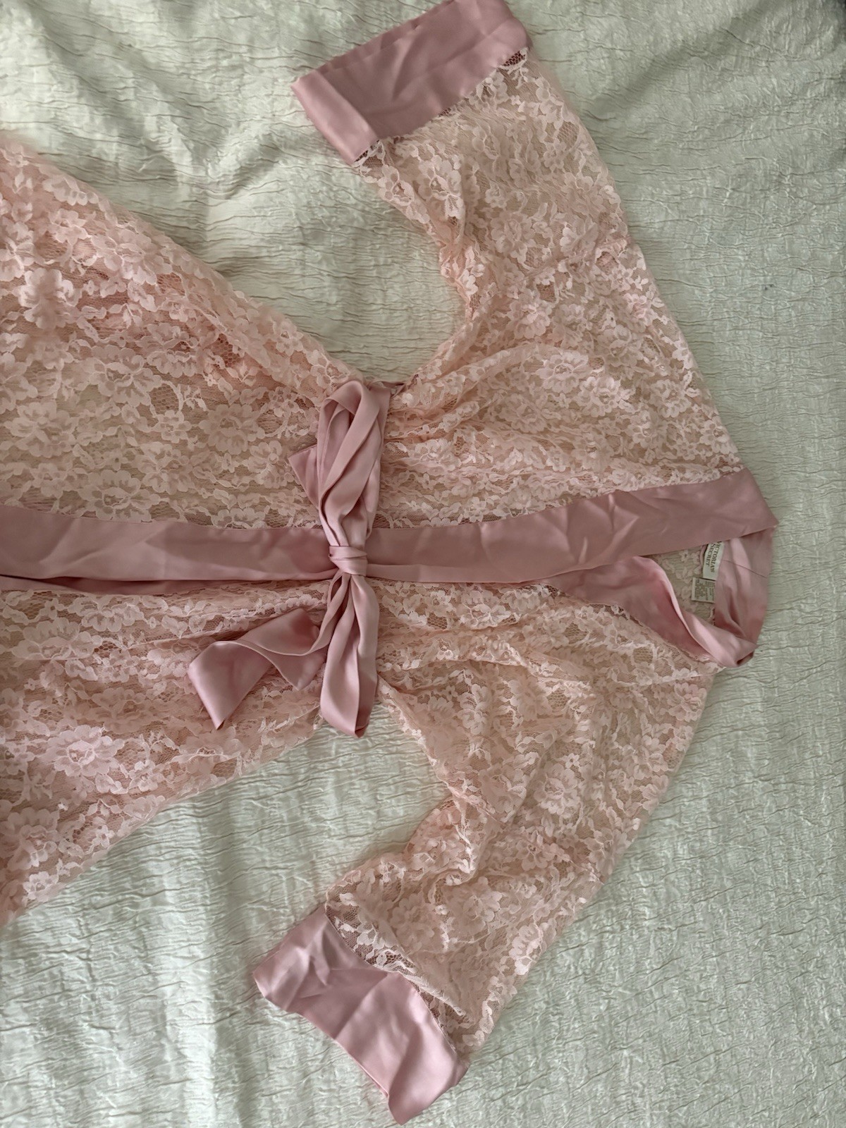 Vintage Gold Label Victoria&rsquo;s Secret Pink Lace Robe Satin Trim Tie Belt One Size