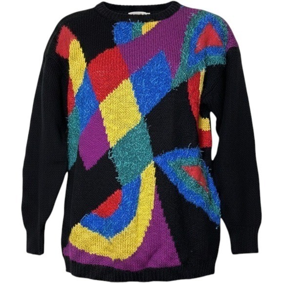 Vintage Abstract Geometric Knit Sweater Multi Color Wool 80s 90s Crew Neck Large