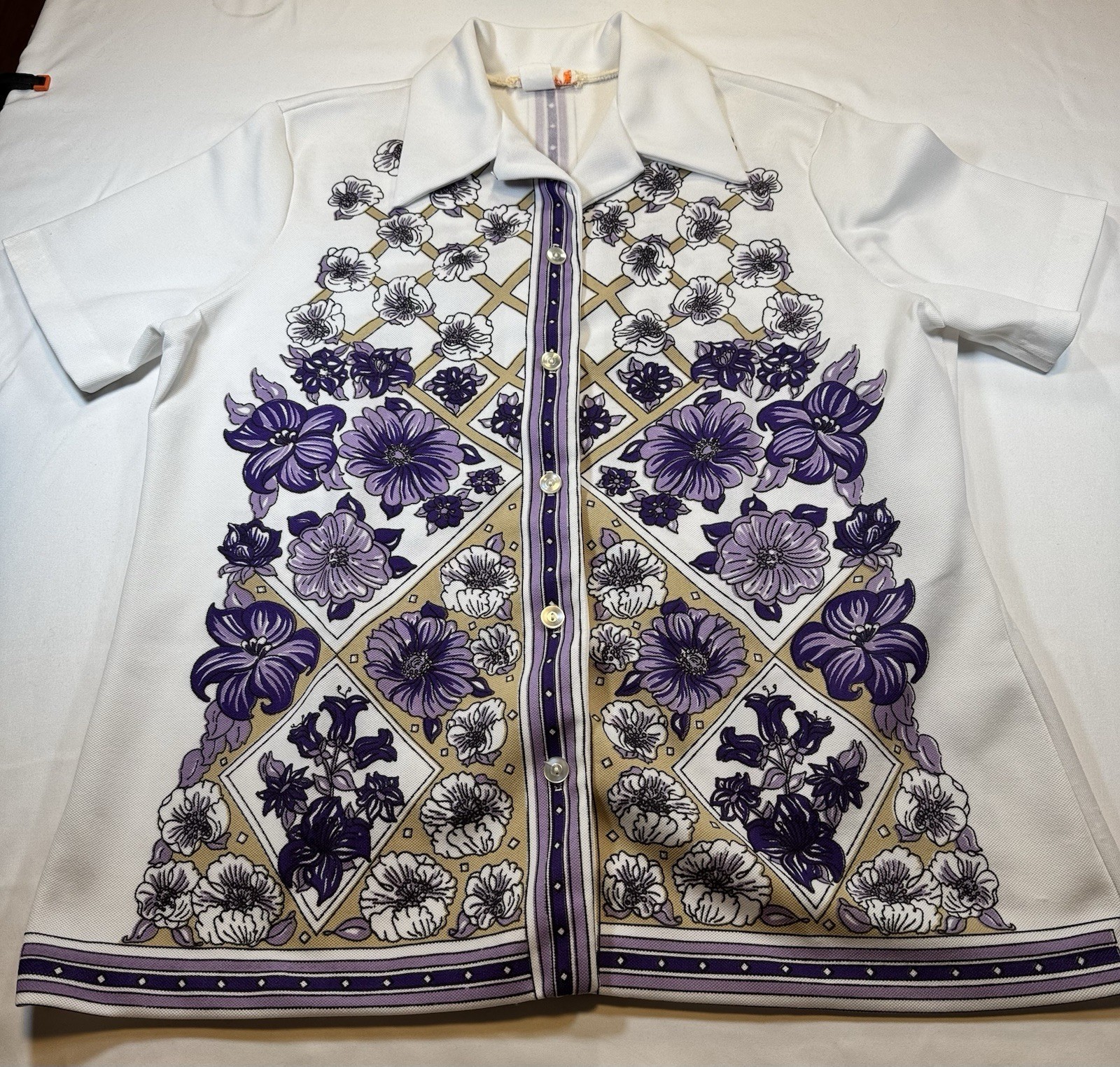 #1959 Vintage Smartique W EU42 US L-XL Floral Button Front Polo Purple Mod 70s