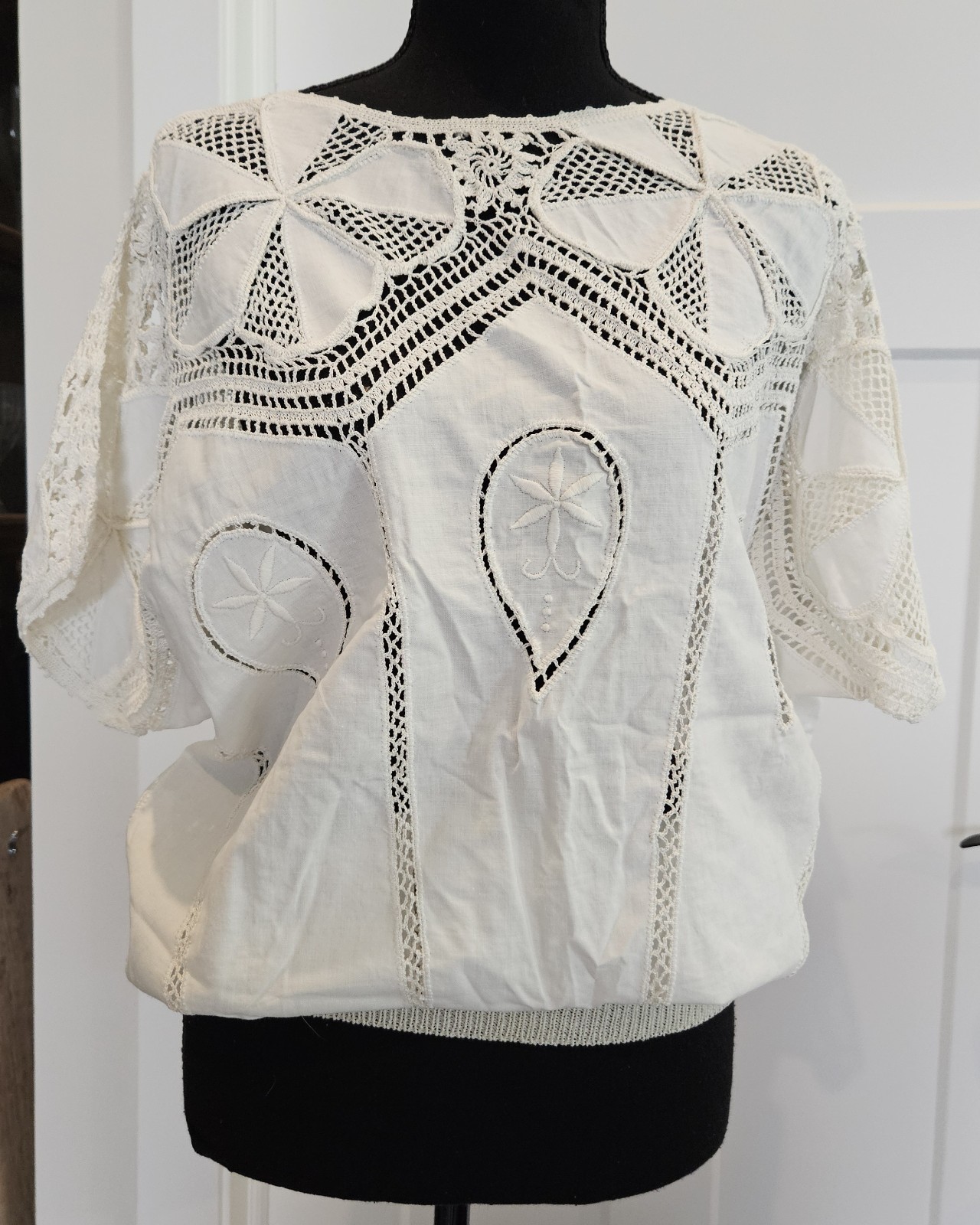 VTG NOS Hand Made BANDO Crochet Lace 100% Cotton Linen Tunic Large Women&rsquo;s Top