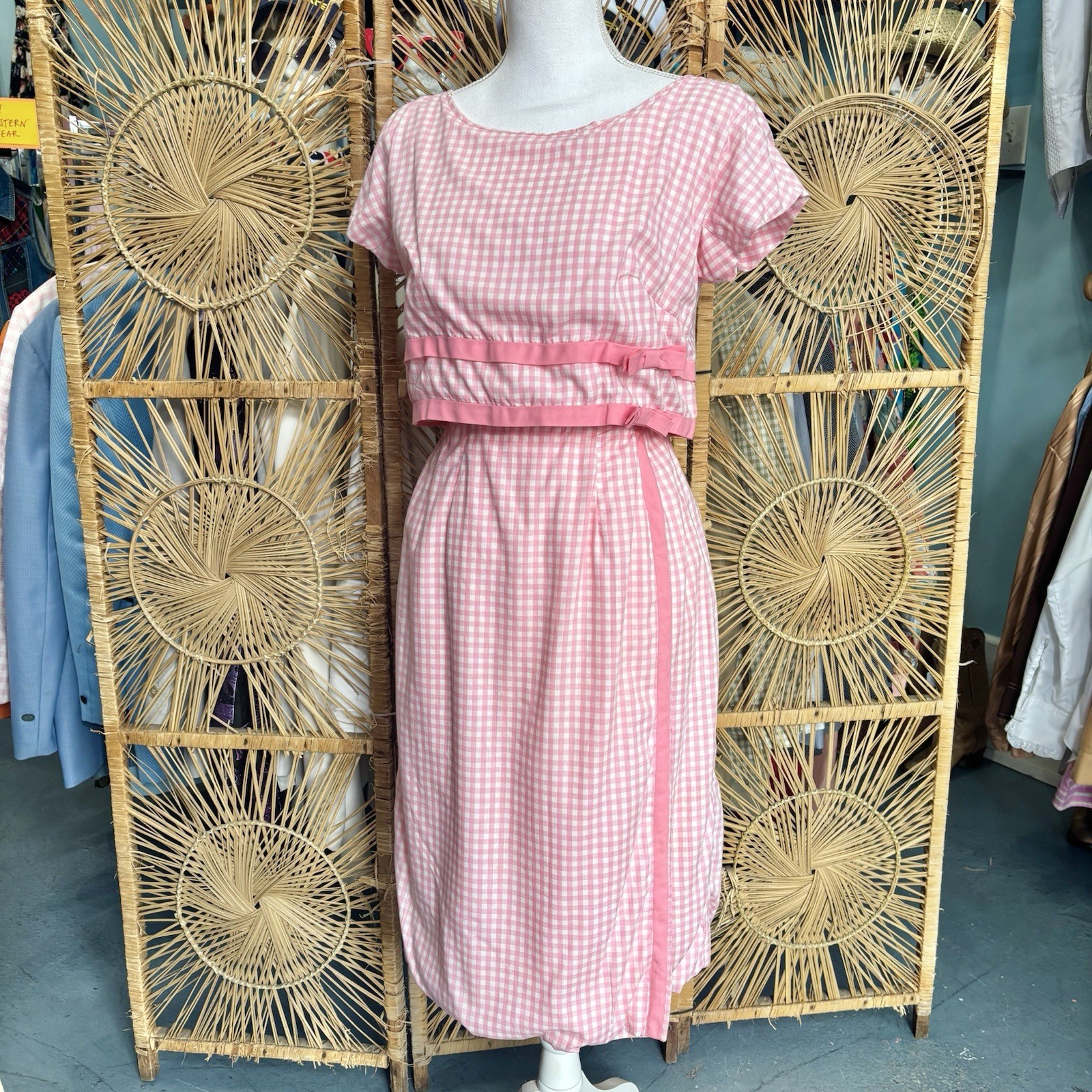 Vintage 50s Gigi Young Pink & White Gingham Dress 60s Cotton Short Sleeve Pencil