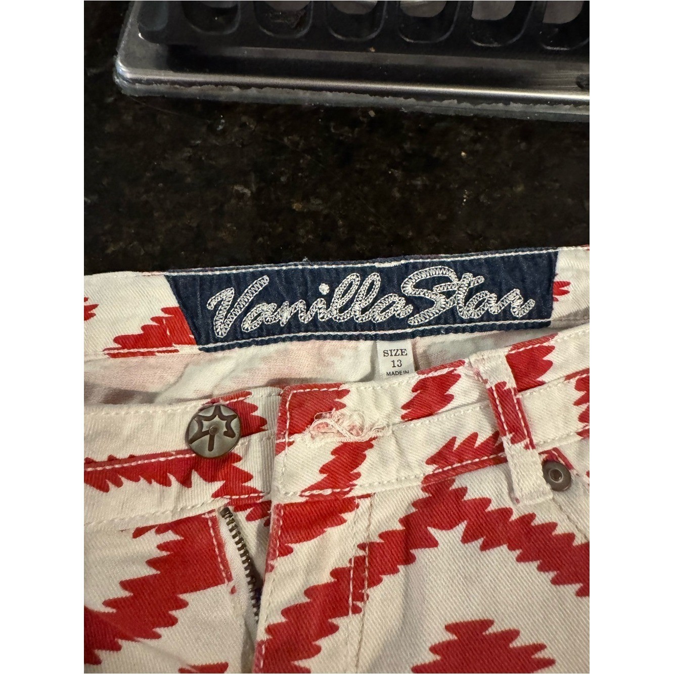 Vanilla Star Red and White Geometric Print Denim Shorts Junior size 13 Shorts