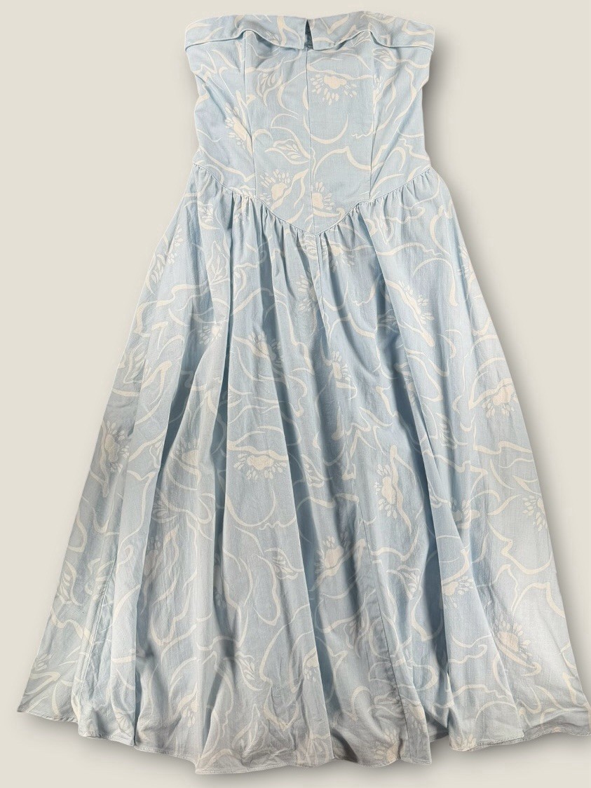 Vintage Joni Blair California Cotton Strapless Midi Dress 13 Blue White Floral