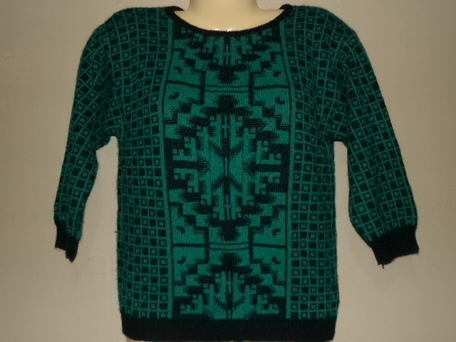 Vintage Beldoch Popper Petites Sweater Geometric XS S Half Sleeve Teal & Black