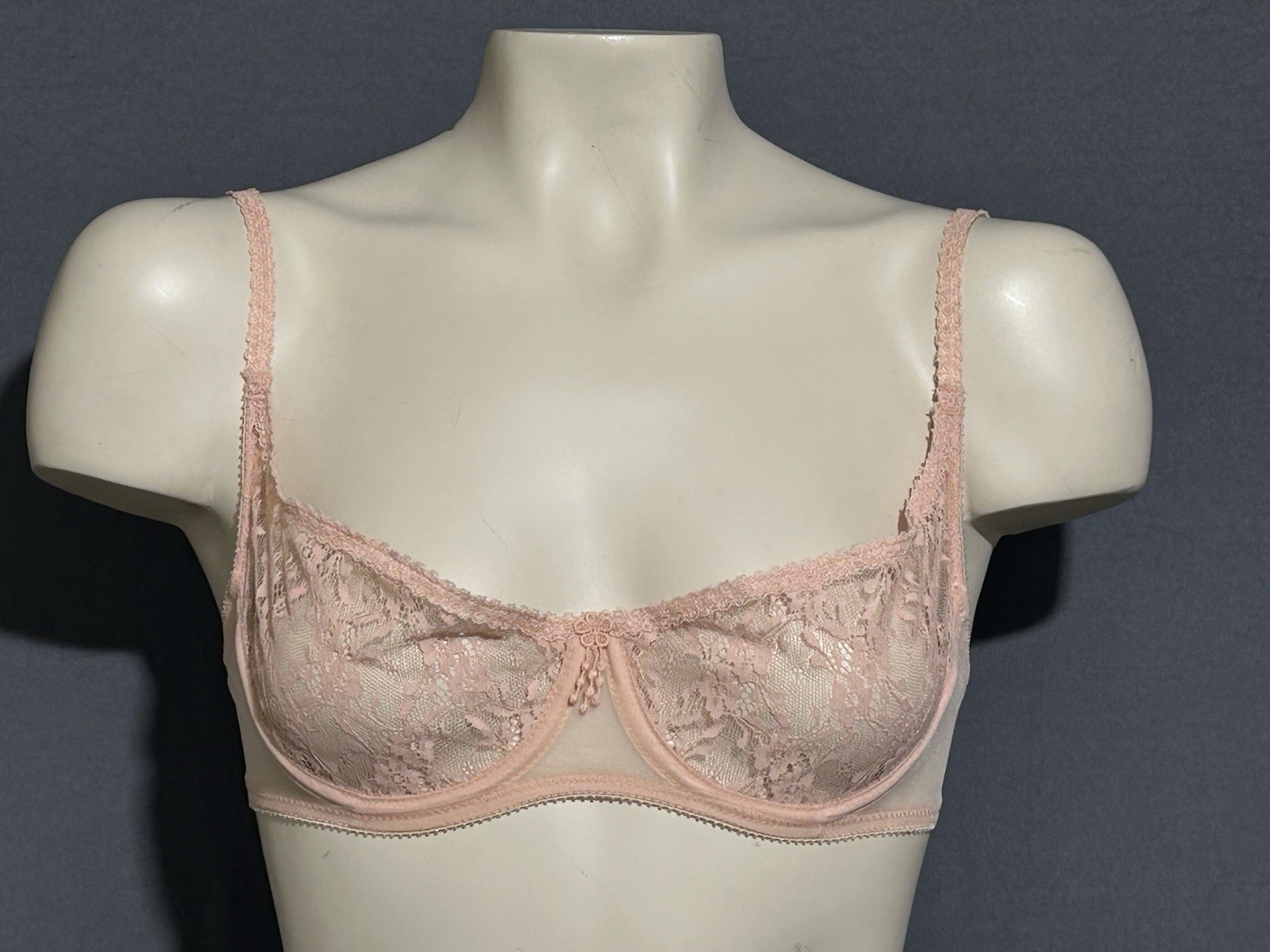 Vintage Sheer Pink Lace Bra 34C Underwired 100% Nylon Made In USA