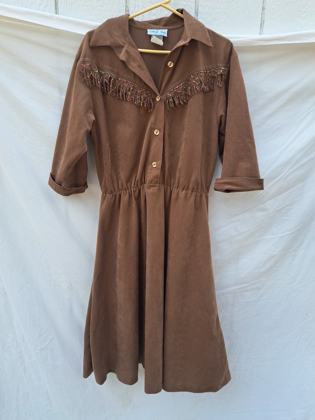Vtg Country Western « Suede » Dress 70s 80s Village Fair Fringe Brown 14 Costume