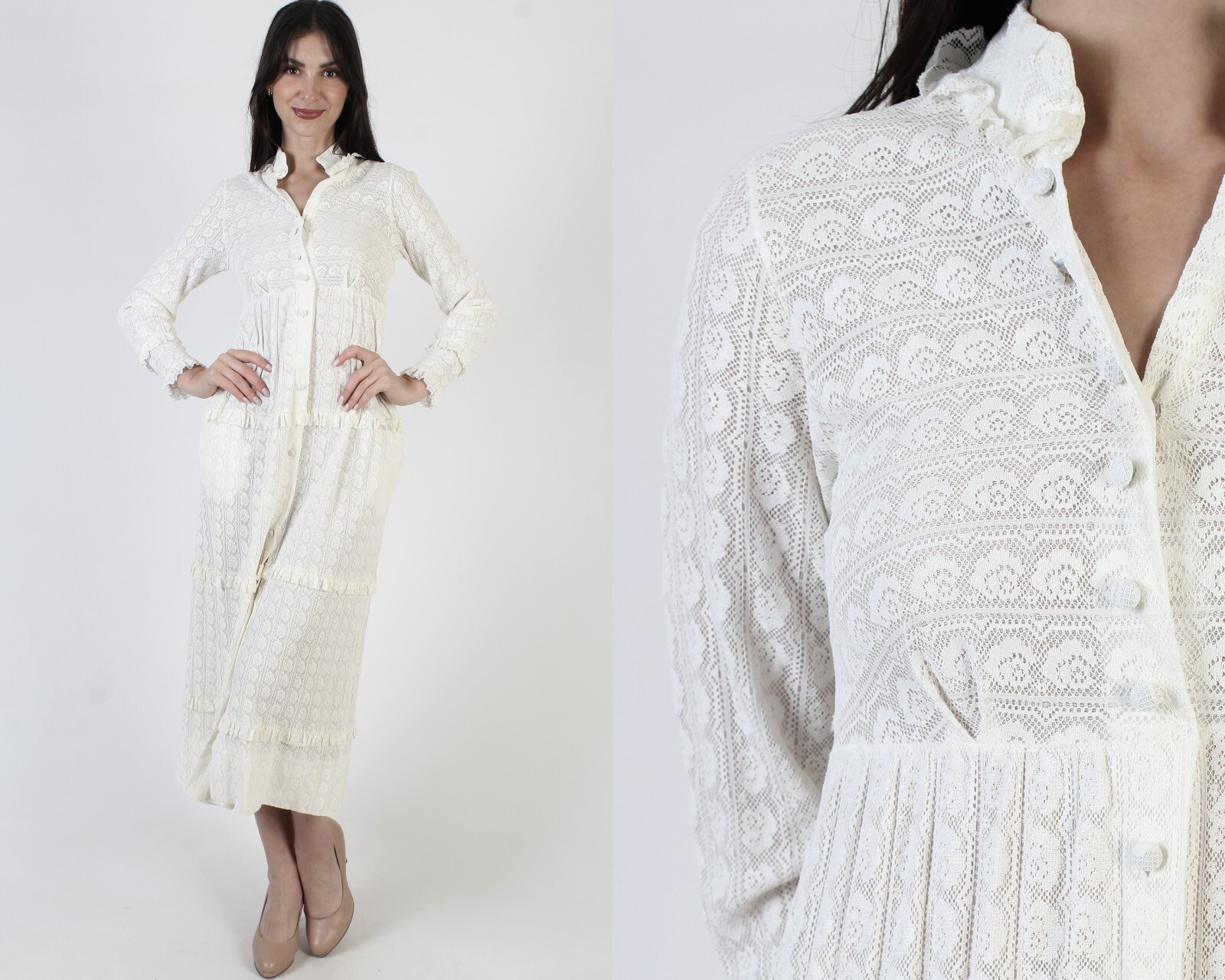 Vintage Plain White Lace Dress Button Up Victorian Tiered Sheer High Waist Midi