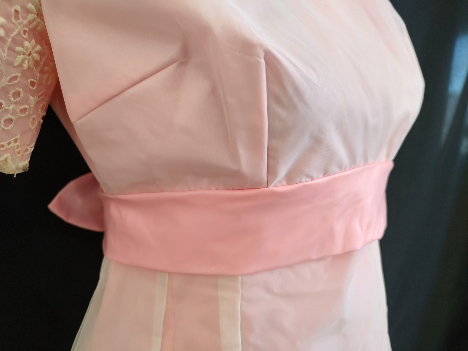 60&rsquo;s Vintage Pink Dress Eyelet Organza Taffeta Coquette Girly Short Sleeve XS/S
