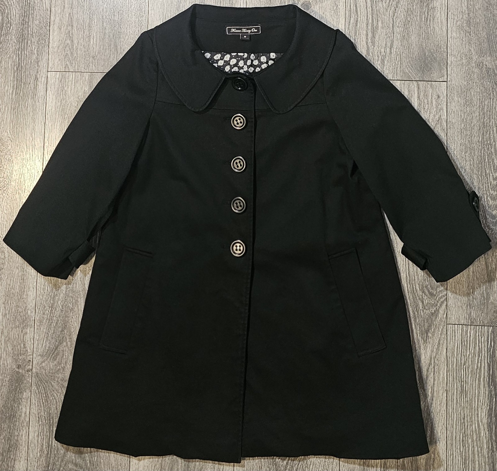 Vtg Forever 21 Lined 3/4 Sleeve Wide Rounded Collar Peacoat Black Women&rsquo;s Size M