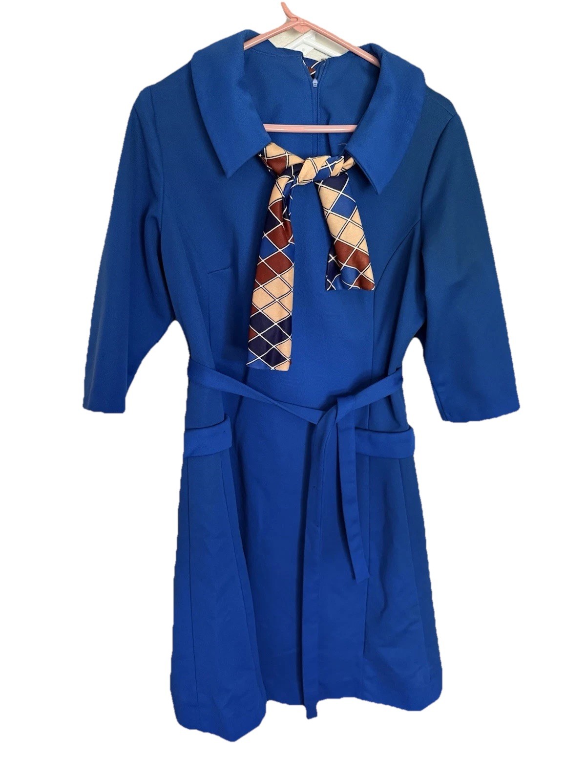 Vintage 1970s Toni Todd Women&rsquo;s Dress Blue Collar Geometric Scarf Retro Size 8