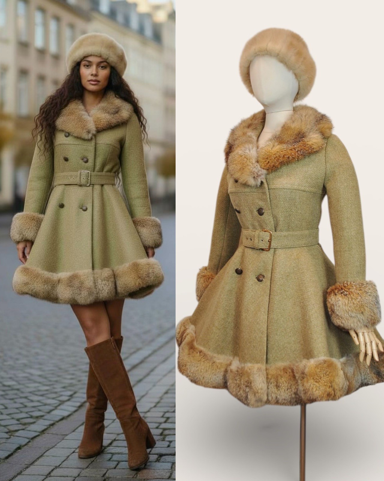 Vintage 1950s 60s Princess Coat Sage Green Wool Fox Fur Collar Cuff Pinup SMALL