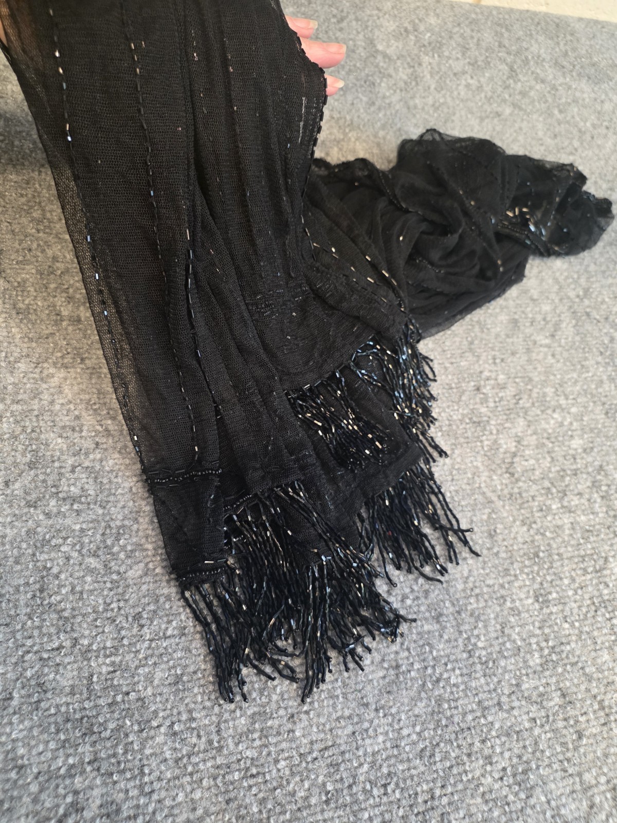 Vtg 80s Tan Chho Embroidered Sequin Long Duster Black Sequin