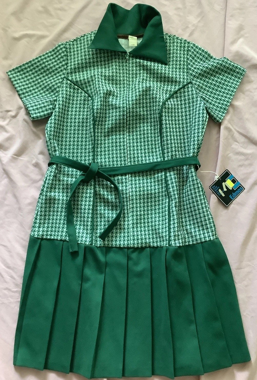 VTG 1970s Green Houndstooth Pleated Tennis Dress Mod Retro Drop Waist NWT Sz16.5