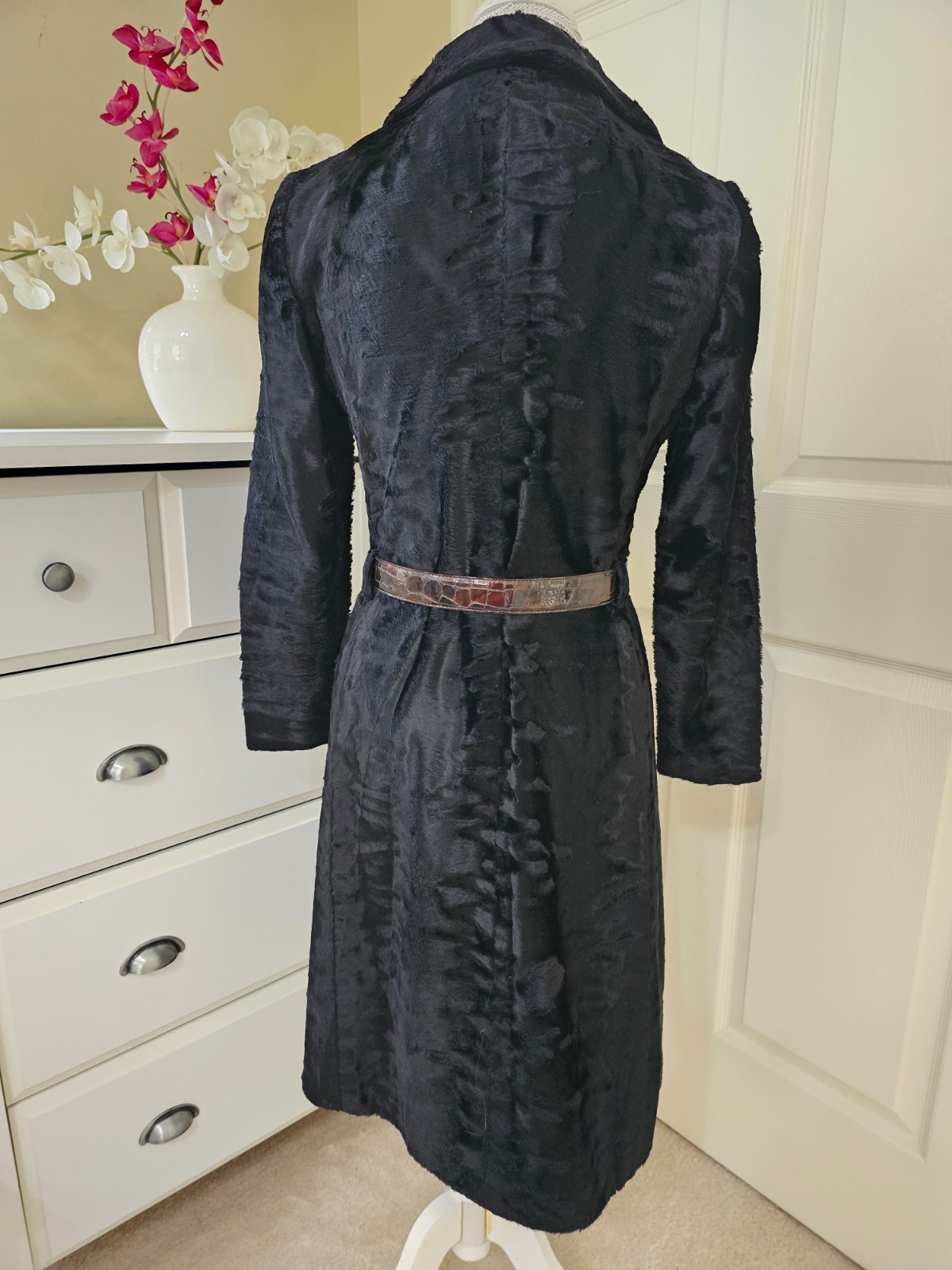 VTG 1960s Adele Simpson Womens Black Crushed Velvet Half Zip Coat Dress Sz. M