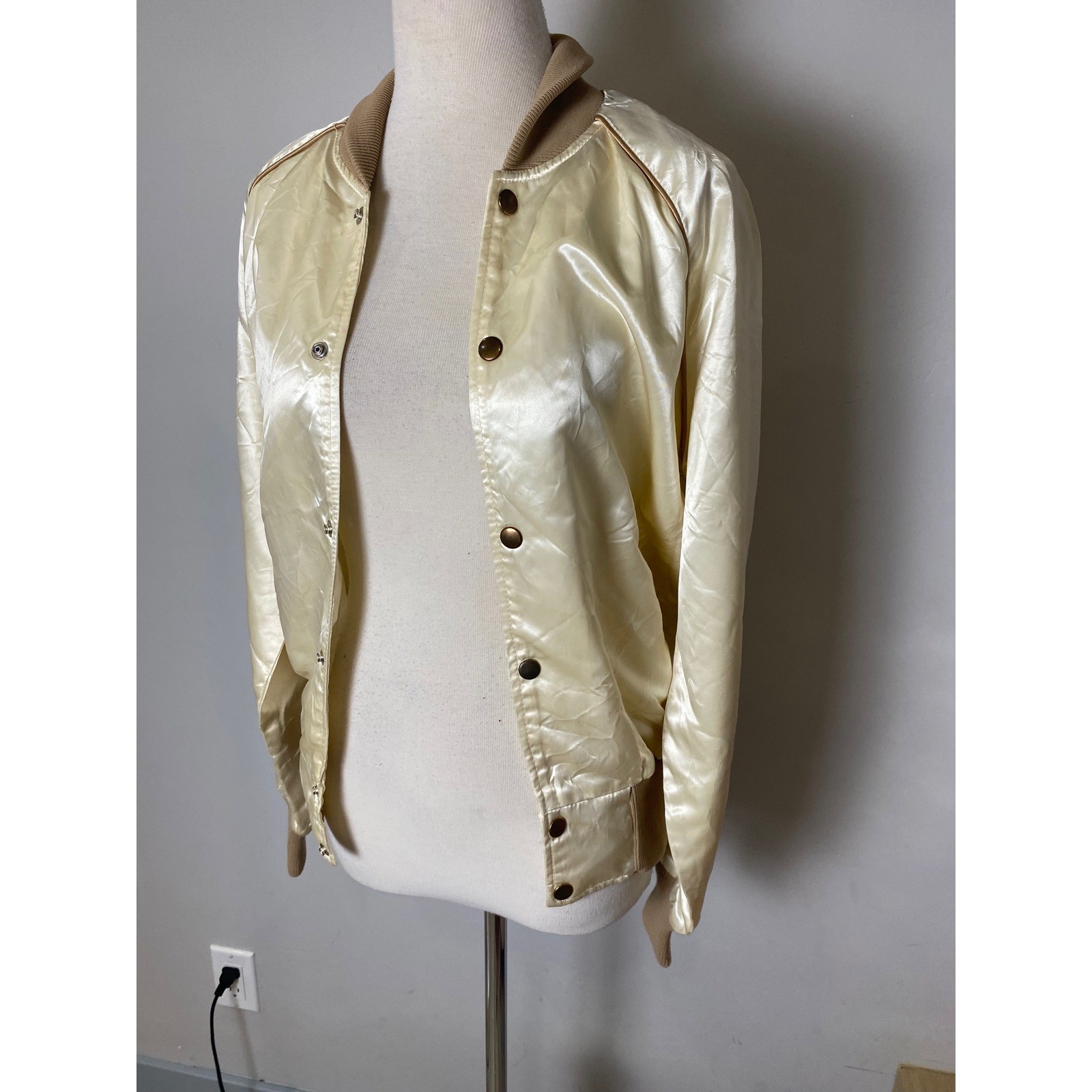 Vintage Satin Bomber Jacket Cream Jonis Corvette Chainstitch Varsity Snap Front