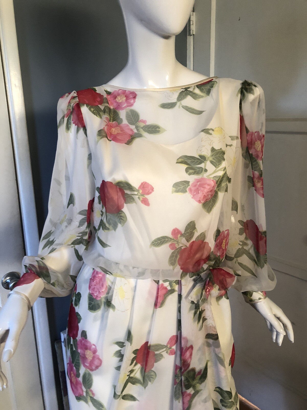 Vtg 80s Constance Saunders RICHARD WARREN Dress 6 Saks FLORAL Print CHIFFON TEA